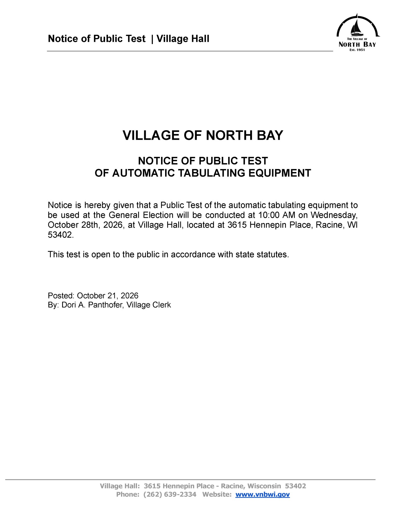 Notice of Public Test 10 AM on 10.28.2026 